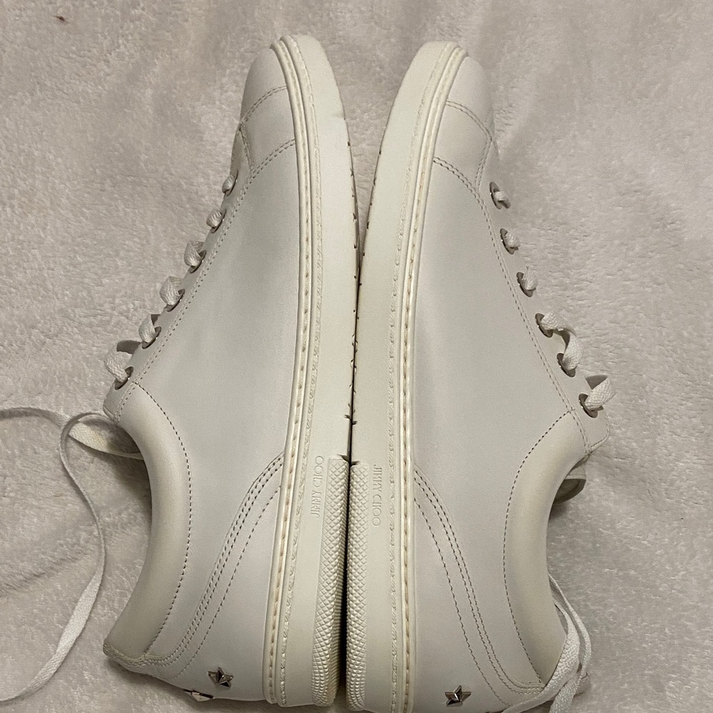 Jimmy Choo Off-White Leather Low-Top Sneakers with Silver Accents - Picture 7 of 11